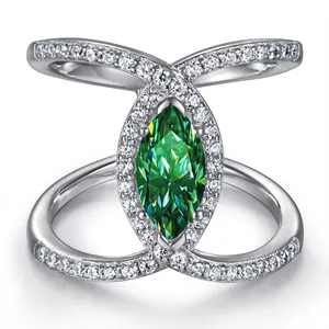 S925 Sterling Silber Ring mit grünem Moissanit im Marquise-Schliff und X-Kreuz-Design
