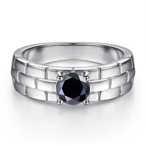Macro view of S925 silver watchband ring with brick texture and black moissanite