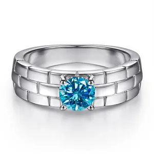 5mm 0.5ct round blue moissanite ring with unique watch band texture in S925 silver