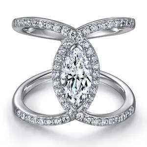 Anillo de Plata de Ley S925 con Moissanita Mujer Corte Marquesa Cruz Forma de X Halo Compromiso Boda Joyería Lujo Con Certificado GRA