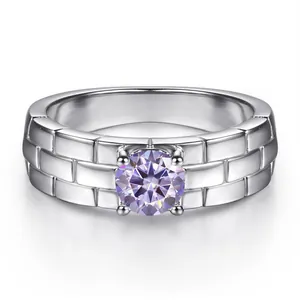 Macro view of S925 silver watchband ring featuring brick texture and purple gemstone
