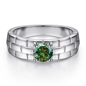 S925 sterling silver watchband ring with 0.5ct green moissanite in four-prong setting