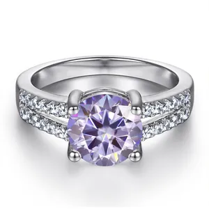 Bague en argent S925 classique avec moissanite violette 1ct et double rangée de diamants