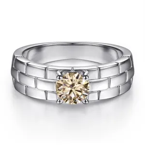 Detailed shot of 5mm S925 sterling silver ring with watch band texture and champagne stone