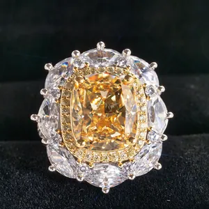 Luxury 8 Carat Cushion Cut Yellow High Carbon Diamond Halo Ring 925 Sterling Silver Floral Wedding Banquet Ring For Women