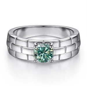 S925 sterling silver watch band style ring with 0.5ct green moissanite in four-prong setting