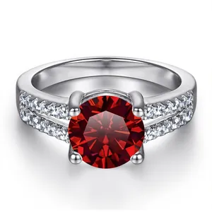 Bague élégante en argent S925 avec pierre rouge ronde et double rangée de diamants
