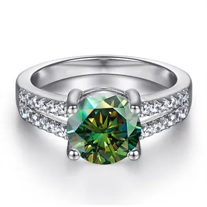 Bague en Argent Sterling 925 Moissanite 1 Carat Taille Ronde Tête de Bœuf Quatre Griffes Double Rangée de Pierres Latérales Avec Certificat GRA