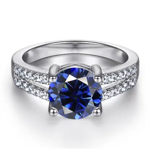 Bague classique en argent s925 avec moissanite bleue de 1 carat et double rang de diamants