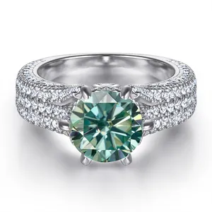 Luxe S925 zilveren ring met 2ct 8mm cyaan-groene zirkoon en elegante zes-klauw zetting