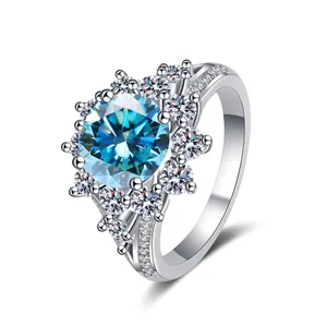 Luxuriöser S925 Silberring mit 3 Karat blauem Moissanit im Sonnenblumen-Design