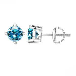 S925 Sterling Silber Ohrstecker mit rundem blauen Moissanit und Schraubverschluss
