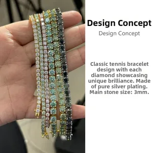 Detailed view of 3mm silver tennis bracelets with four-prong setting and multi-color stones