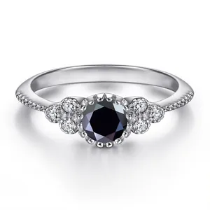 Elegant s925 silver ring with 0.5ct black moissanite stone and white zircon accents