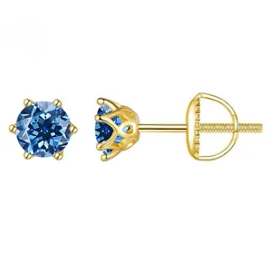 Golden stud earrings featuring round-cut blue moissanite in a six-prong setting