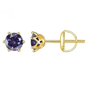 Golden S925 silver stud earrings with purple round-cut gemstone and six-prong setting