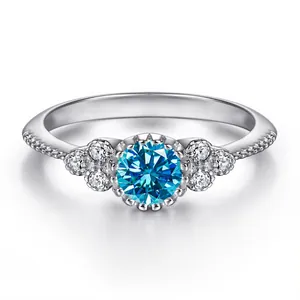 S925 sterling silver ring with 0.5ct blue moissanite in crown cluster setting