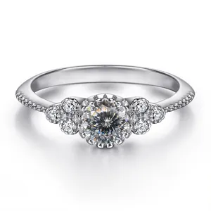 Luxurious S925 sterling silver halo ring with 0.5ct round moissanite and micro-pave diamonds