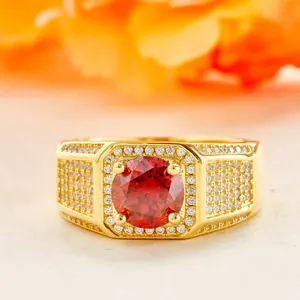 Luxury gold moissanite signet ring for men featuring a large red center stone and pave accents