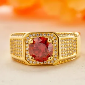 Luxurious gold-plated men's ring with large red center stone and micro-paved side diamonds