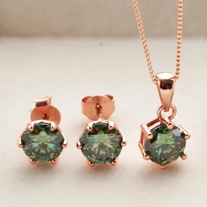 Conjunto de joyas moissanita verde de 6 garras con collar y pendientes S925 rosa