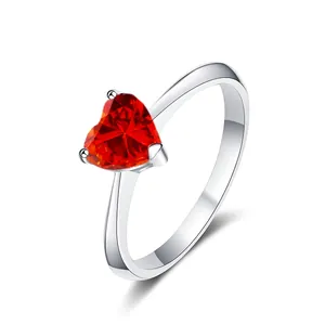 S925 sterling silver ring featuring a 5mm red heart shaped moissanite with 3-prong setting