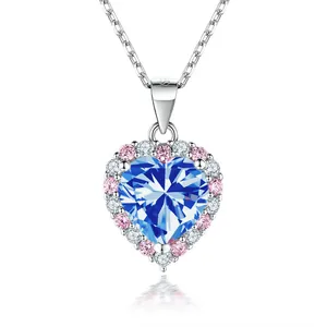 2ct heart-shaped blue moissanite necklace in S925 sterling silver with halo stones