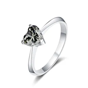 Minimalist 925 sterling silver ring featuring a 6.5mm heart-cut dark grey moissanite stone
