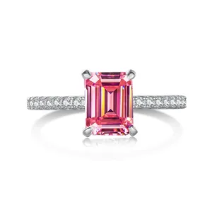 Bague Moissanite Taille Émeraude de Luxe Argent Sterling 925 Alliance Mariage Femme Bijoux Fins Incrustés de Pavé Avec Certificat GRA