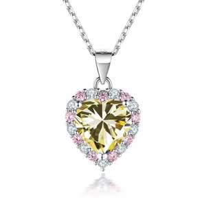2ct yellow heart moissanite pendant necklace with pink accents and silver chain
