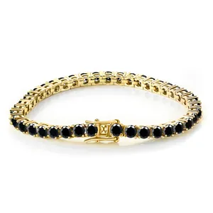 Golden 3mm tennis bracelet with black moissanite stones and secure double safety clasp
