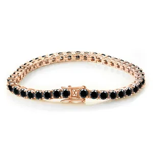 Rose gold tennis bracelet featuring round brilliant-cut black moissanite stones on white background