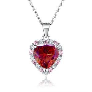 2ct Heart Shape Red Moissanite Pendant Necklace with Pink Zircon Halo and GRA Certificate