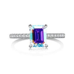 Bague moissanite arc-en-ciel taille émeraude 2ct en argent S925 avec anneau pavé