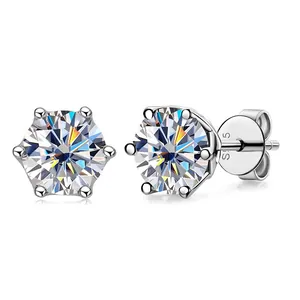 Classic 925 sterling silver round moissanite stud earrings with a 6-prong setting