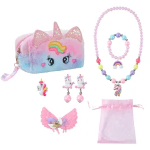 Girls Unicorn Jewelry Set With Rainbow Plush Makeup Bag Beaded Necklace Bracelet Earrings Ring Hair Clip Accessory Gift Set