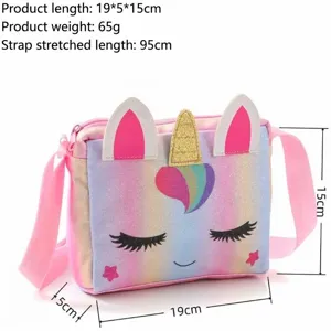 Detail view of unicorn crossbody bag showing dimensions 19x15cm and pink nylon strap