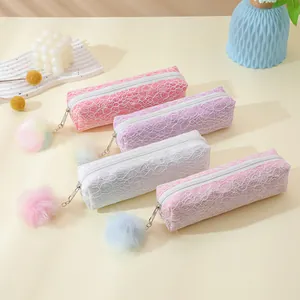 Trousse à Crayons en Dentelle à Paillettes Brillantes Avec Charme de Pompon Organisateur de Papeterie Portable Pour Étudiants Femmes Enfants