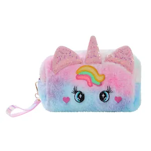 Rainbow plush unicorn cosmetic bag with sequined horn and soft faux fur texture