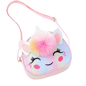 Glitter unicorn crossbody bag for girls with star embroidery and colorful pompom