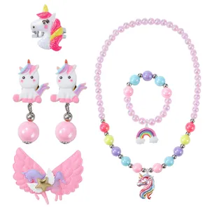 Kids unicorn jewelry set including pink beaded necklace, bracelet, and clip-on earrings