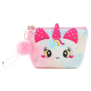 Cute plush unicorn makeup bag with colorful faux fur and embroidered cartoon eyes