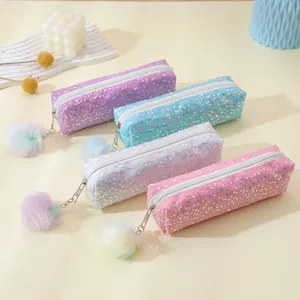 Glitter Sequin Pencil Case With Pom Pom Student Stationery Bag Multipurpose Makeup Pouch For Girls School Office Storage Organizer