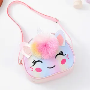Pink glitter unicorn crossbody bag for girls with embroidery and colorful pompom detail