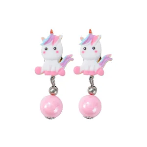 Kids unicorn clip-on earrings set with pink faux pearls and resin unicorn charms