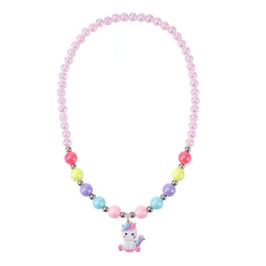 Kids pink pearl beaded necklace with colorful beads and a rainbow unicorn pendant charm