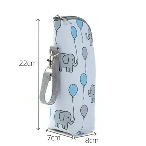 Dimensiones detalladas de la bolsa térmica para biberón con elefante, tamaño 22x8x7 cm
