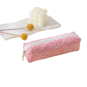 Trousse à crayons en dentelle rose avec fermeture éclair pour école et maquillage