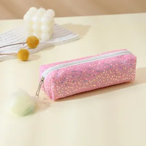 Sparkly rainbow sequin pencil case for students with a soft pastel pompom keychain