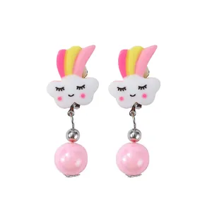Cute cartoon cloud earrings with rainbow decor and pink pearl beads for girls